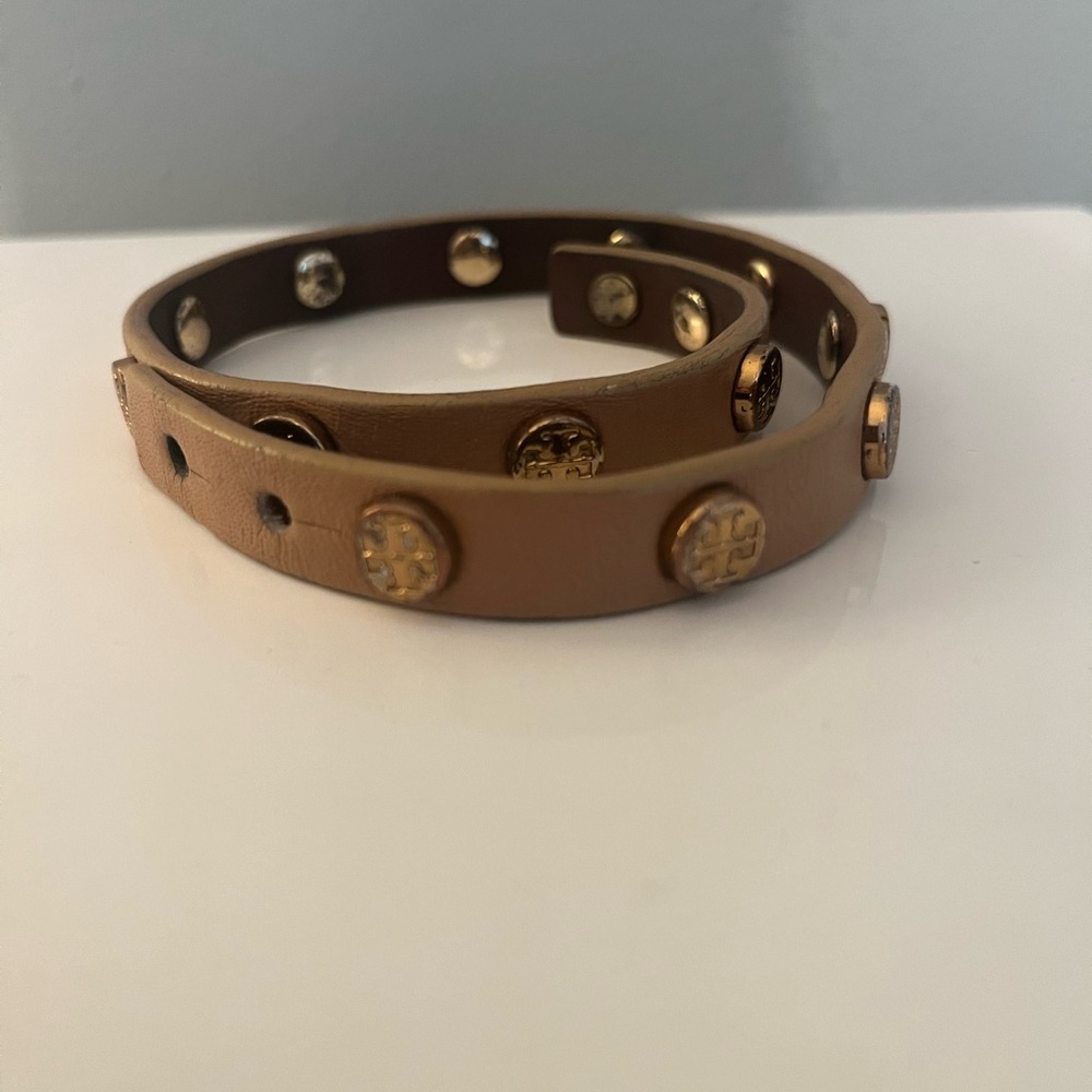 Tory Burch Tan Leather Wrap Bracelet with Gold Accents